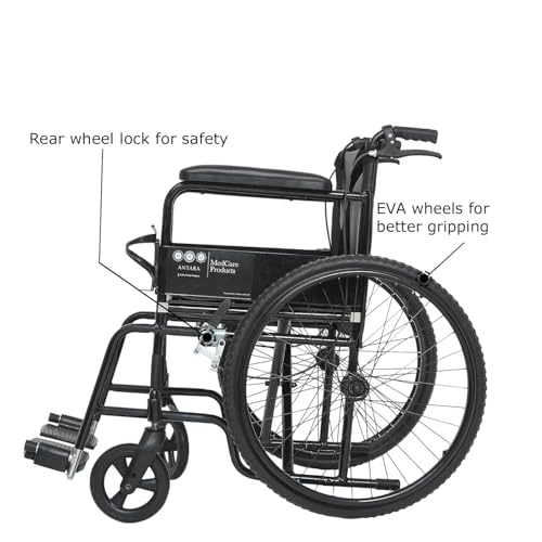 Image of Antara AGEasy (Max Group) Foldable Wheelchair for Old people, Adults & Patients | Extra Wide Seat, Spoke Wheels, Hand Brakes & Bottle Holder | Sturdy Frame, Lightweight, Adjustable Footrest and Seatbelt for Safety (WheelEasy Pro - Black)