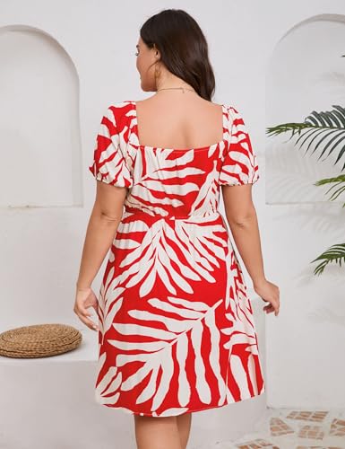 Image of Plus Size Women Boho Floral Dress Puff Short Sleeve Square Neck Button Front A-Line Flowy Summer Casual Midi Dress