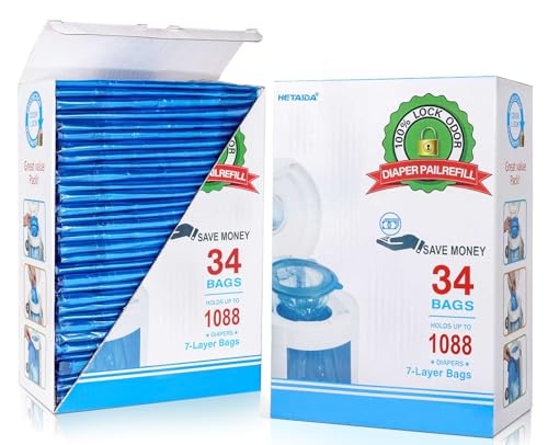 Image of Diaper Pail Refill Bags 34 Bags 1088 Counts Compatible with Arm&Hammer Disposal System, 100% Lock Odor, Seal and Toss Diaper Pail Refills