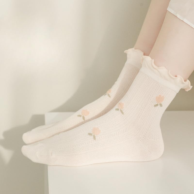 Image of 5 Pair Cute Ankle Socks for Women Coquette Bow Print Ruffle Frilly Cotton Socks Lace Trim Breathable Summer Socks
