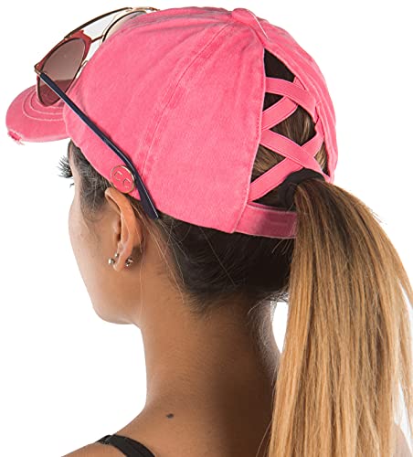 Funky Junque Criss Cross Hat Womens Ponytail Messy Bun Side Buttons Baseball Cap, Light Pink, One size