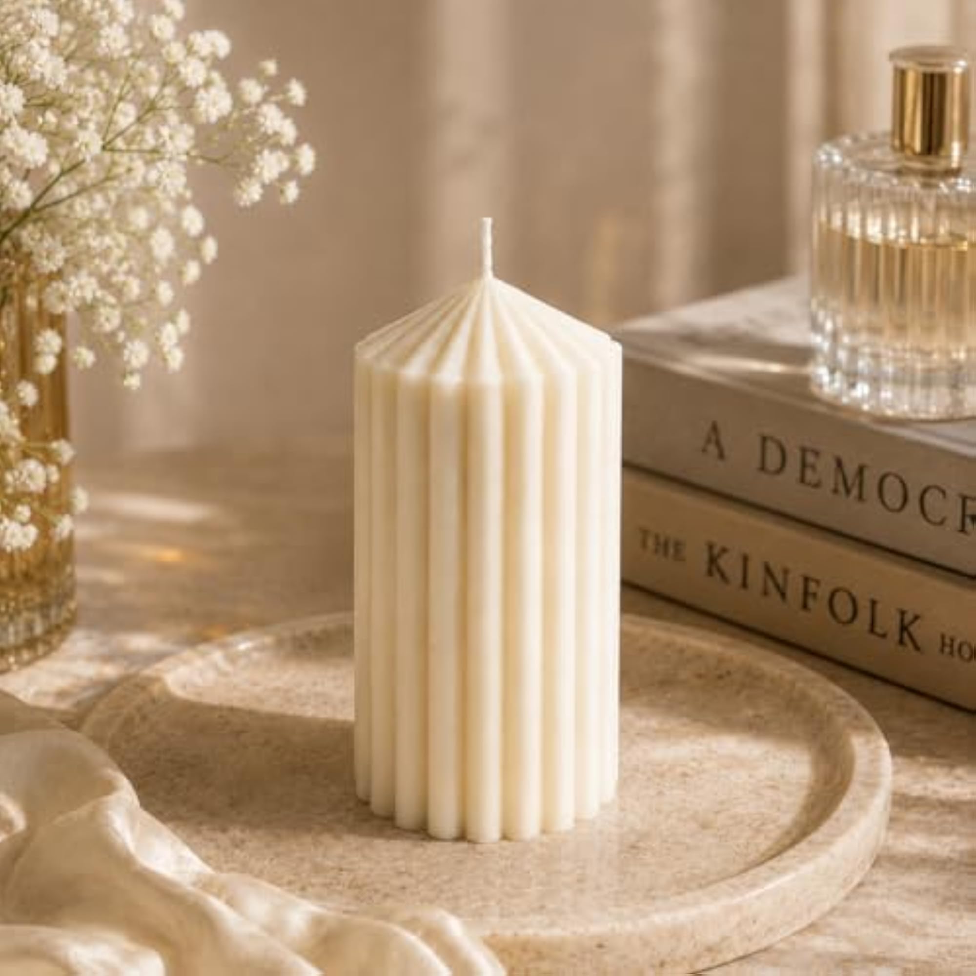Handmade Ribbed Pillar Candle, Premium Soy Wax Decorative