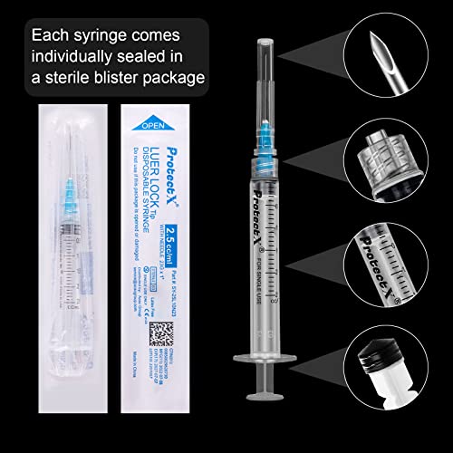 ProtectX 2.5ml Disposable Luer Lock Sterile Syringe with 23Ga 1” Needle, Individually Sealed, Smooth and Accurate Dispensing for Science Labs, 50-Pack