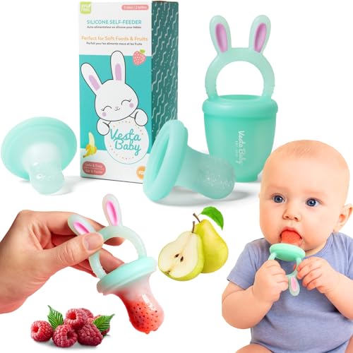 Vesta Baby Alimentador de frutas – 2 tamaños de silicona suave congelable para alimentos frescos para una alimentación segura del bebé – Juego de chupete y mordedor de destete de alimentos sólidos