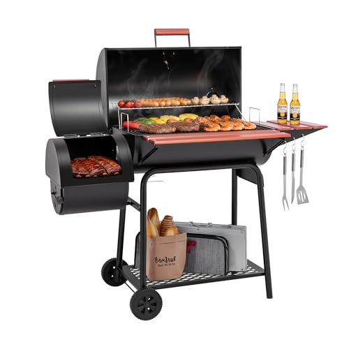 Royal Gourmet CC1830W 30-Inch Charcoal Grill with Offset Smoker and Wood-Painted Side Table, Outdoor Smoker Grill with 811 Sq. In. Cooking Area for Outdoor Barbecue Event, Black