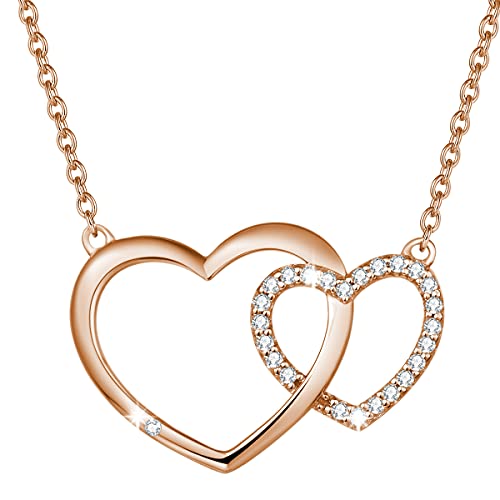 AGVANA Collier en Argent Sterling 925 avec Chaîne à Double Pendentif en Forme de Cœur Zircone Cubique CZ Plaqué Or Rosé Cadeau de Noël Bijoux pour Femmes Filles.