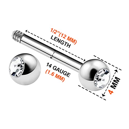 Banavega 2Pcs Surgical Steel Straight Barbell 14 Gauge 1/2 Inches (12Mm) 4Mm Clear Crystal Conch Lobe Earring Cartilage Piercing Jewelry 7980, Bbe 1.6M 8M Bcr4M P2 #TOP1