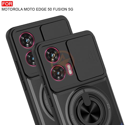 Image of Moto Edge 50 Fusion / G96 5G Back Cover | Armor Camera Slider 360 Degree Rotating Finger Ring Holder Case with Bracket Stand Back Case Cover (Compatible with MagSafe Accessories) (Black)