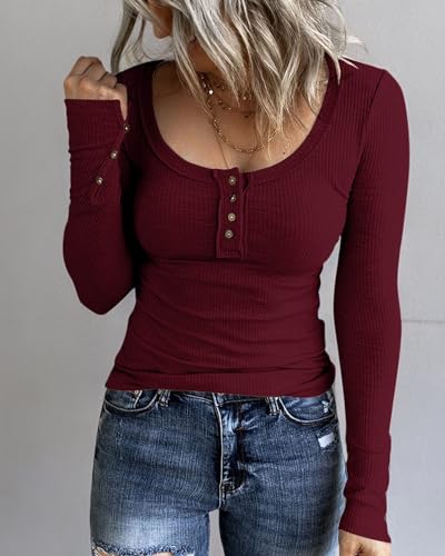 KINLONSAIR Women’s Long Sleeve Henley T Shirts Button Down Slim Fit Tops Scoop Neck Ribbed Knit Shirts3