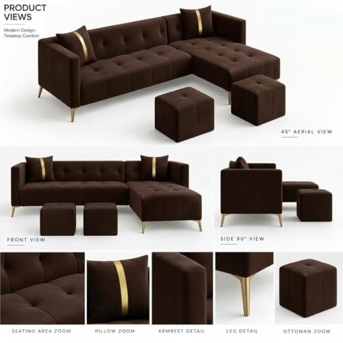 Image of Luxvivo 6 Seater Fabric RHS L Shape Sofa Set with 2 Puffy Table| Soft Velvet Upholstery, Sturdy Wooden Frame | Stylish Sofa for Living Room, Hall & Office Spaces (Dark Brown)
