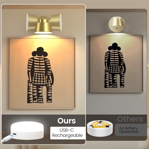 Image of AIBOO Art Display Lights, Picture Lights Rechargeable Gold, Color Changing & Dimmable with Remote LED Rotatable Wall Lights for Pictures, Paintings, Portraits, Artworks (2 Pack)