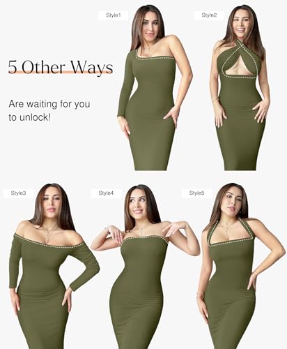 Image of Popilush Long Sleeve Midi Dresses for Women, Built-in Bra Shapewear Dress | Bodycon, Tummy Control, Square Neck, Cocktail Party and Dinners