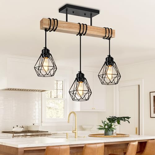 Feanron 3-Lights Farmhouse Dining Room Pendant Light Fixtures Over Table, Rustic Solid Wood Kitchen Island Lighting Hanging with Metal Shades, Modern Black Ceiling Pendant Lamp for Living Room Hallway