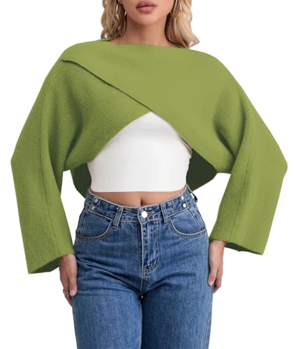 Joe Wenko Women's Boat Neck Sweater Long Sleeve Cross Wrap Asymmetrical Hem Cropped Pullover Jumper Tops4