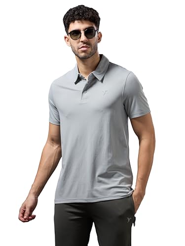 Image of TECHNOSPORT Men's Solid Slim Fit Polo Collar T-Shirt COTFLEX Half Sleeve Button Polyester for Gym Running Workout UPF50+ Anti Odour