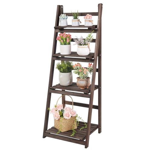 unho 4 Tier Plant Stand: Tall Ladder Shelf Wooden Step Display Rack for Small Potted Plants Flowers Succulents Indoor Garden Patio Lawn Decors