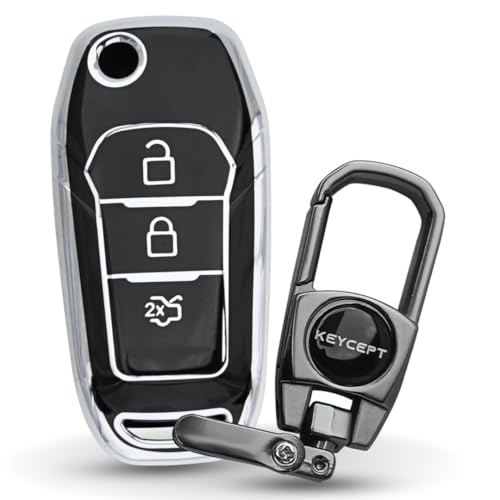 Image of KEYCEPT Silver Line TPU Key Cover Compatible with Ford Figo, Aspire, Endeavour Flip Key 3 Button with Keychain. (Type 2, Black)