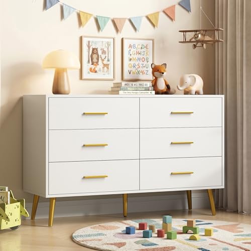 Image of White 6 Drawer Dresser for Bedroom, 47 inch Wood Dresser with Gold Handles.