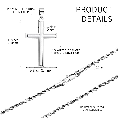 925 Sterling Silver Cross Pendant Necklace for Men Women with 3.5mm Stainless Steel Clasp Rope Twist Chain 18K White Gold Plated Highly Polished 16-28 Inches3