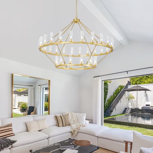 Image of 63 Inch Large Gold Wagon Wheel Chandelier with Clear Glass Shade 2 Tier 36-Lights Round Pendant Light Farmhouse Industrial Chandeliers Dining Room Light Fixture for Stair Living Room Foyer