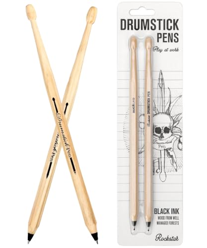 Suck UK Drumstick Pen - Drummer Gifts for Men - Gifts For Drummers - Drum Accessories - Wooden Drumstick Shaped Pen - Music Stationery Supplies - Cool Drum Kit Ballpoint Pens - Set of 2 Black