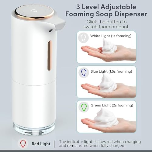 Soap Dispenser,Automatic Soap Dispenser,3 Level Adjustable Hand Soap Dispenser,10OZ Soap Dispenser Bathroom with Aromatherapy,USB Rechargeable Foaming Soap Dispenser for Kitchen Sink,Bathroom(White)