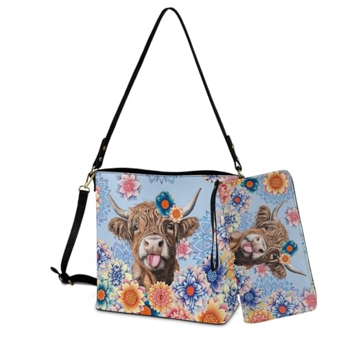 Image of Bucket Crossbody Bag Set for Women Lady, Leather Purse and Wallet Set Large Bucket Bag with Wallet