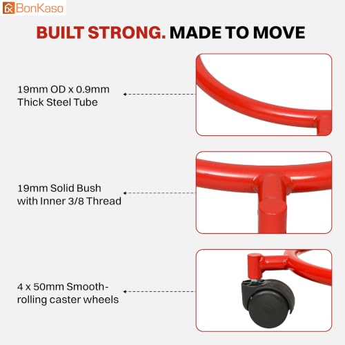 Image of Bonkaso Gas Cylinder Trolley with Handle, Heavy-Duty Alloy Steel Stand with 4 PP Twin-Wheel 360 Swivel Casters, 60 kg Load Capacity, Powder-Coated Red Finish