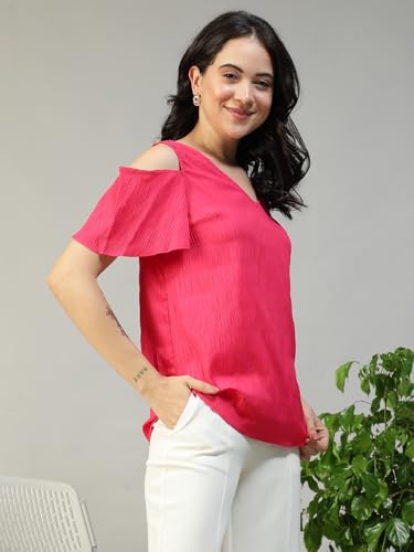 Image of oxolloxo Women Solid V-Neck Short Sleeve Cold Shoulder Yarn-Dyed Dobby Top
