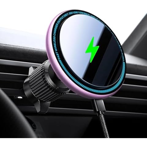 for 15W Magsafe Car Mount Charger, [Vibrant LED Decoration] Wireless Car Charger, Magnetic Phone Holder Mount for Air Vent, Pink Cover