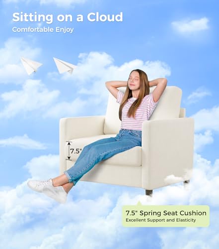 Image of Welzona Sofa Accent Chair, 33 inch Reading Chair, Comfy Teddy Arm Chairs | Comfy Teddy Fabric, Tool-free Setup, Washable Covers, All-wood Couch Chairs for Living Room, Bedroom, Cream White