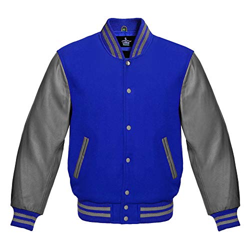 Men's Varsity Baseball Letterman Bomber Jacket Premium Wool & Genuine Gray Leather Sleeves