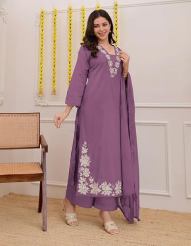 Image of ANNI Designer Pure Cotton Embroidered Kurta Set for Women | Rust Orange Kurta with Pants & Dupatta | Floral Neck & Hem Embroidery | Cotton Kurta Set for Women | 10 Colour Options Available