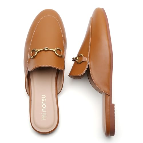 Image of Minorsu Buckle Mules for Women Flats Loafers Shoes for Work Office Business | Slip on,Round Toe,Backless,Slides, Casual