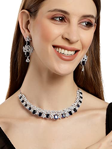 Image of Karatcart Silver Tone Green American Diamond Studded Necklace Set for Women