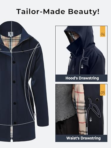 SaphiRose Langer Regenmantel für Damen, Outdoor-Regenmantel, Windbreaker, mit Kapuze (Marineblau, L)