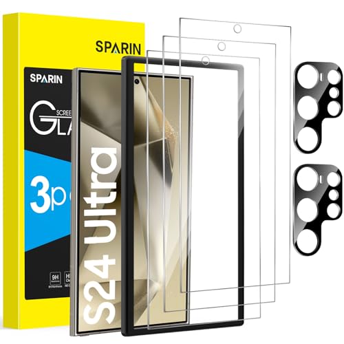 SPARIN For Samsung Galaxy S24 Ultra Screen Protector, 3+2 Pack Tempered Glass Film with Camera Lens Protector, Fingerprint ID Compatible, Installation Alignment Frame Included