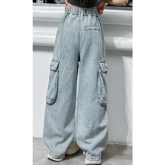 Girls Denim Cargo Pants Y2K Streetwear Distressed Baggy Jeans High Waisted Wide Leg Cargo Jeans Trendy Denim Trousers3