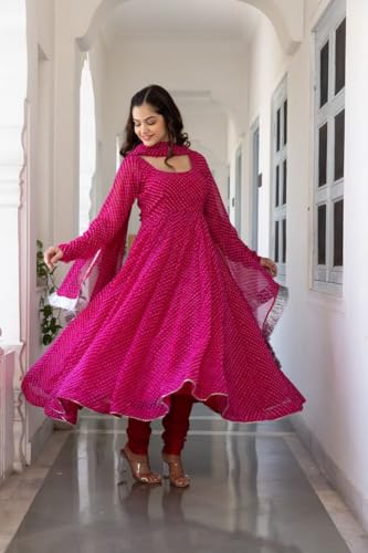 Image of Modestouze Attires Women's Rayon Printed Kurta Set | U Neck Full Sleeve Fit Flared Anarkali Kurti and Print Dupatta