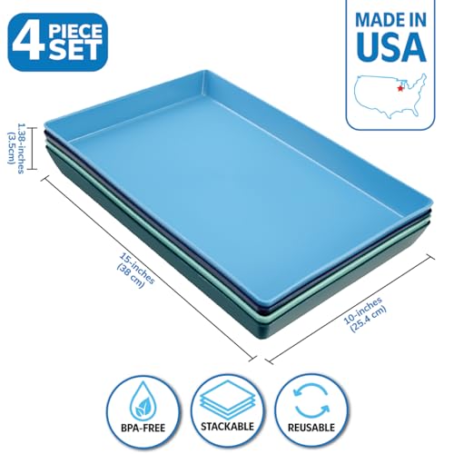 Image of US Acrylic Coastal Plastic Serving Trays (Set of 4) 15 inch x 10 inch | Large Unbreakable Reusable Rectangular Party Platters | Serve Appetizers, Fruit, Veggies, & Desserts | BPA-Free & Made in USA