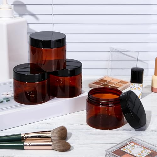 Image of Patelai 4 Pcs Plastic Jars Wide Mouth with Lids,6 Ounce,Amber | Travel Size for Creams Oils, Clear Round Storage Cosmetics Containers, Leak Proof Screw on Lids for Makeup Beauty DIY