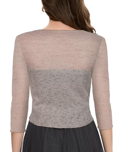 Image of Women Crop Cardigan Sheer Mesh Bolero Shrug for Dress Tie Front 3 /4 Sleeve Tops