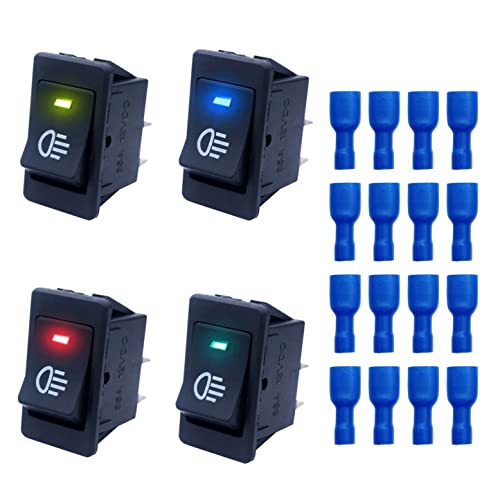 JZK 4PZ 12V 35A Interrupteurs à bascule avec indicateur LED rouge jaune bleu vert, 4 pin DPST 2 positions interrupteur à bascule pour voiture, camion, moto, bateau, feu antibrouillard