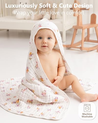 Image of Baby Girl Bath Towels, 100% Muslin Cotton Hooded Baby Towels for Newborn, 2 Pack Baby Towels with Hood for Infant Toddler and Kids, Large 32x32Inch Essentials, Soft and Absorbent Pink Flower