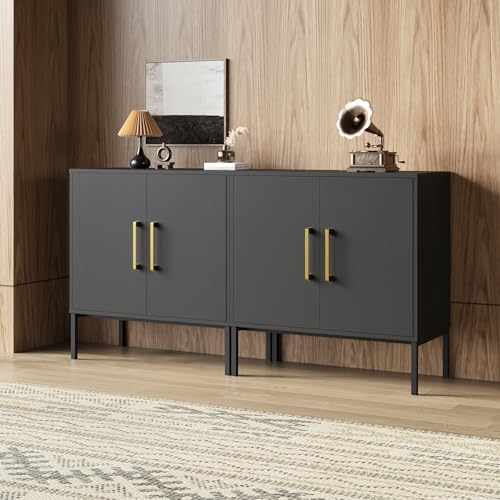 LYNSOM Storage Cabinet with Doors, Set of 3, Modern Buffet Cabinet with Storage, Kitchen Sideboard Buffet, Black Wood Accent Cabinet for Living Room, Bedroom, Hallway, Entryway, Office, Black