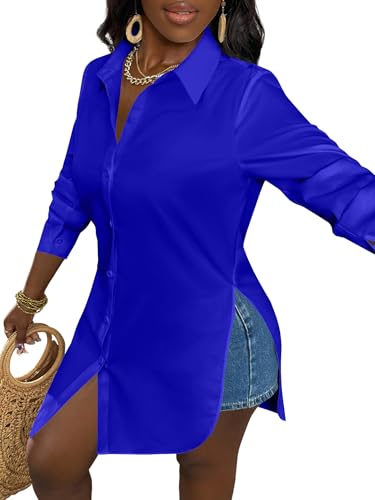 Image of LYANER Women's Collar Neck Long Sleeve Button Down Shirts Sexy Split Hem Tops Long Blouse Shirt Dress