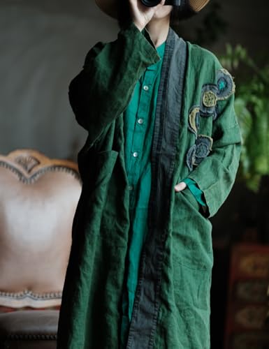 NFYM Women Loose Vintage Linen Kimono Trench Coat Applique Flower Open Front Cardigan Jacket Long Outwear with Pockets (US, Alpha, One Size, Regular, Regular, Green)