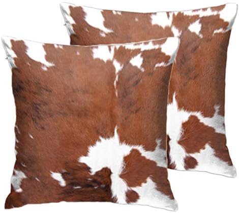 Entua Cowhide Cow Decor Throw Pillow Covers Home Decorative Cow Hide Fur Pillowcse Farm Animal Brown Cow Print Pillow Case 18x18 Inch Velvet Western Cushion Cover for Sofa Bedroom Decor