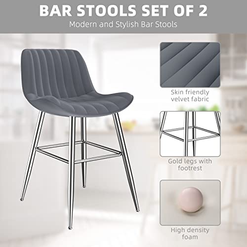 Sucrever Bar Stools Set Of 2, 24" Bar Chairs Leather Counter Height Bar Stools With Back Silver Metal Legs And Footrest, Modern Bar Stools Barstools For Kitchen Counter Bistro Pub, Gray #TOP4