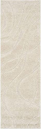 Image of Geometric Wave Shaggy Carpet for Living Room, Bedroom, High Low Design Finish Microfiber 1.8 Inch Pile High, 2x8 Feet Runner Ivory|Ivory Color